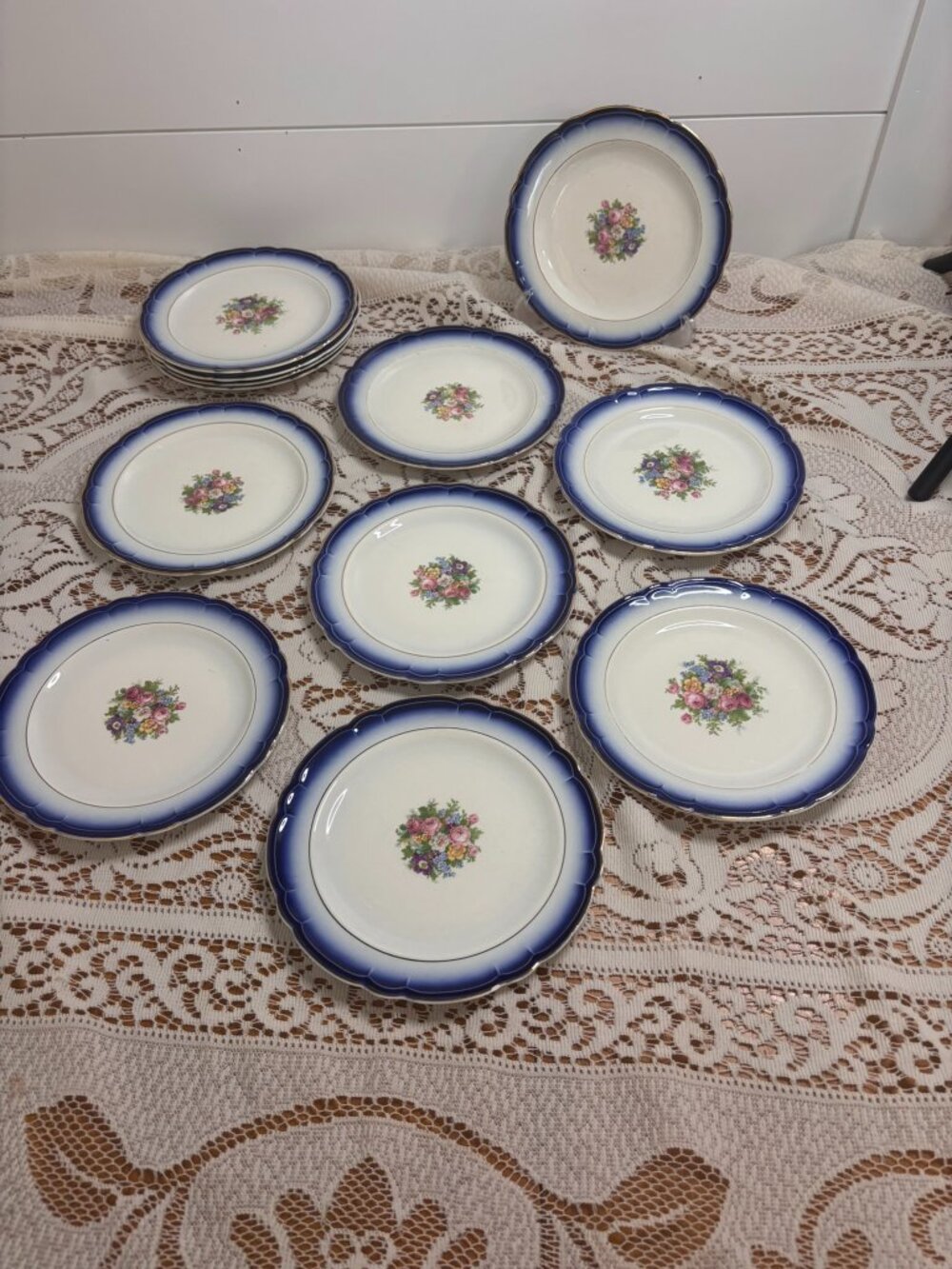 VTG French Saxon China Co. 9" Dinner Plates - Floral & Cobalt Blue - 24k Gold